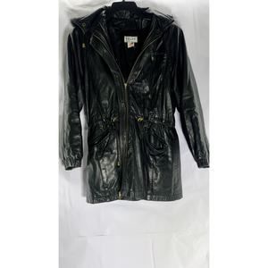 FELLINI Women's Vintage Black Leather Faux-Fur Hooded Cinched Waist Jacket SZ S